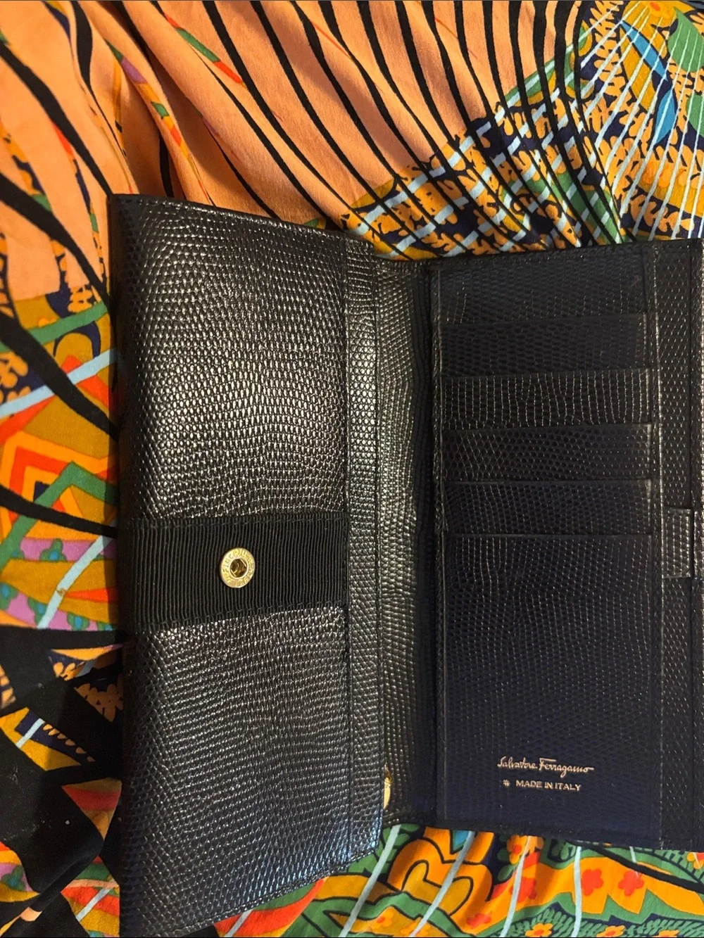 Salvatore Ferragamo Black Textured Leather Wallet with Gold Vara Logo